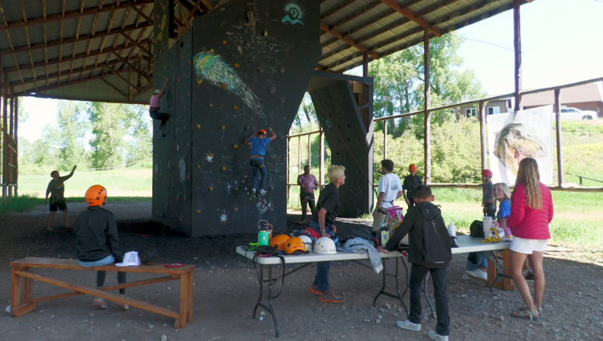 Campers gathered for rock climbing